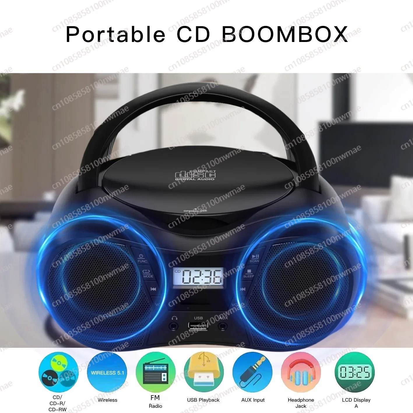 

Multifunctional cD player, Bluetooth receiver, USB player, stereo dual speakers, FM radio
