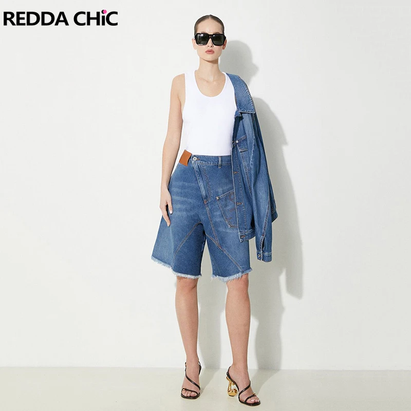 

REDDACHiC Irregular Patchwork Women Knee Long Denim Shorts Whiskers Frayed Low Rise Casual Wide Leg Baggy Jorts Vintage Clothes