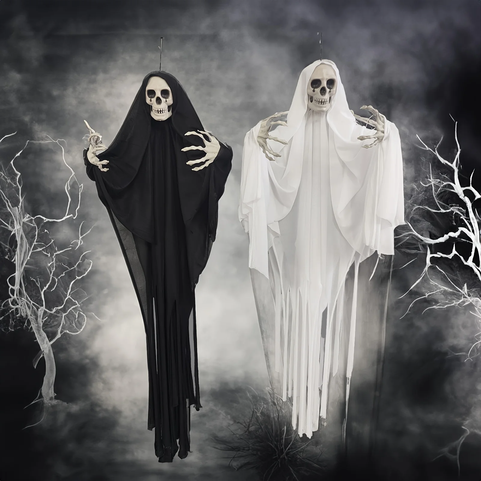 Klassische Horror-Geister-Puppe, hängende Dekorationen für Halloween – große gruselige Skelett-Phantom-Anhänger aus Kunststoff und Stoff