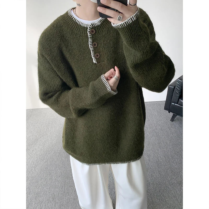 الشتاء الأخضر سترة الرجال الدافئة الأسود بلوفر مغزول الرجال الشارع الشهير الكورية فضفاضة طويلة الأكمام سترة رجالي البلوز الملابس #1