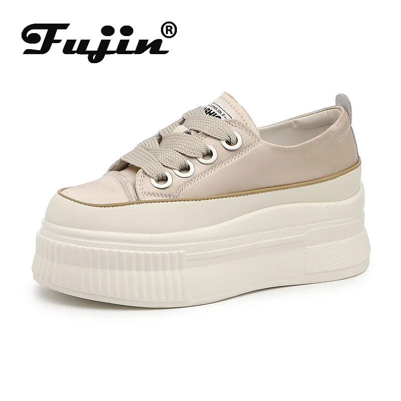 Fujin 5cm New Satin Casual Synthetic Sneakers Platform Wedge Breathable Women Summer Autumn Ladies Comfy Lace Up Round Toe Shoes