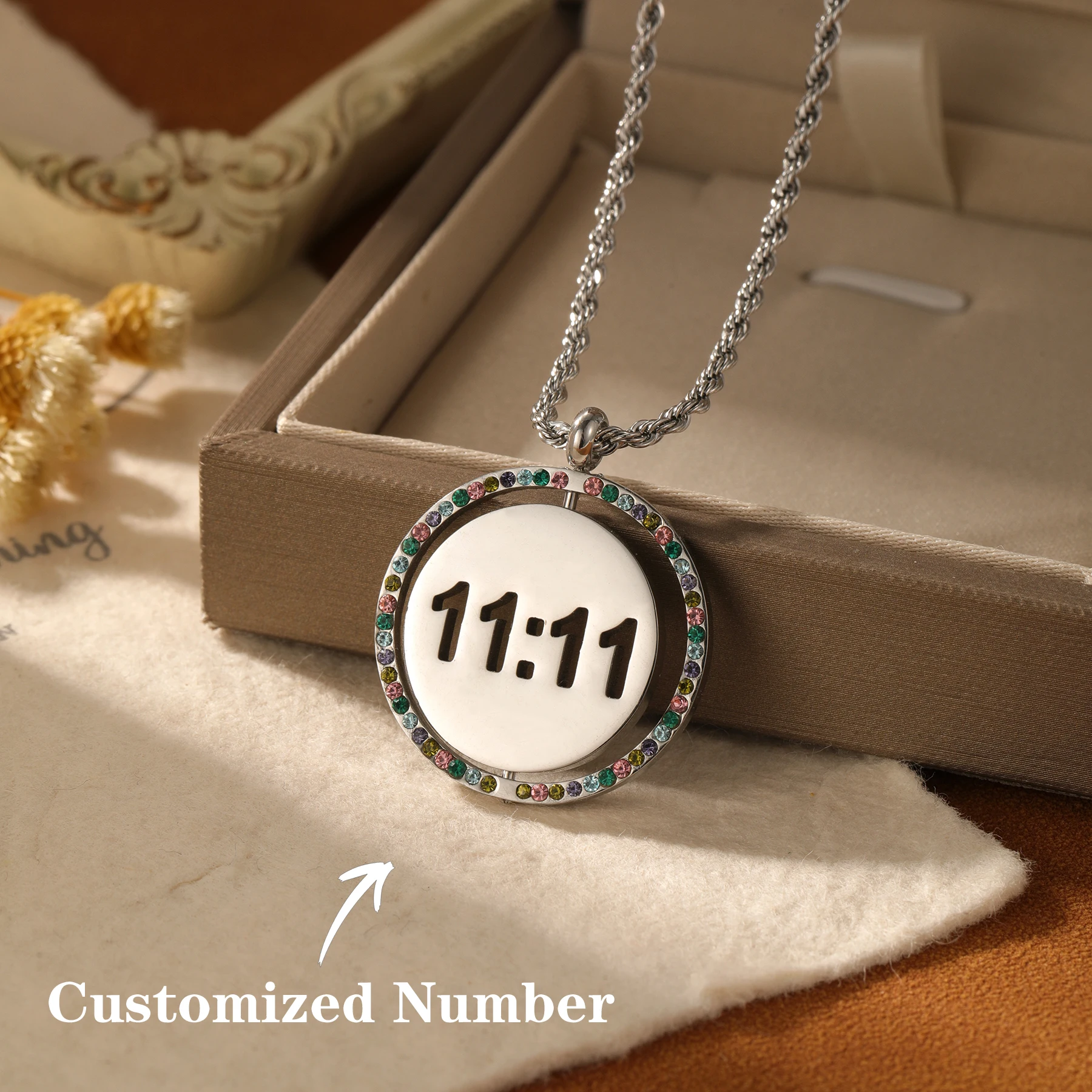 

Custom Time Necklace Stainless Steel Silver Plated Round Pendant Colorful Edge Twisted Chain Personalized Memory Jewelry Gift