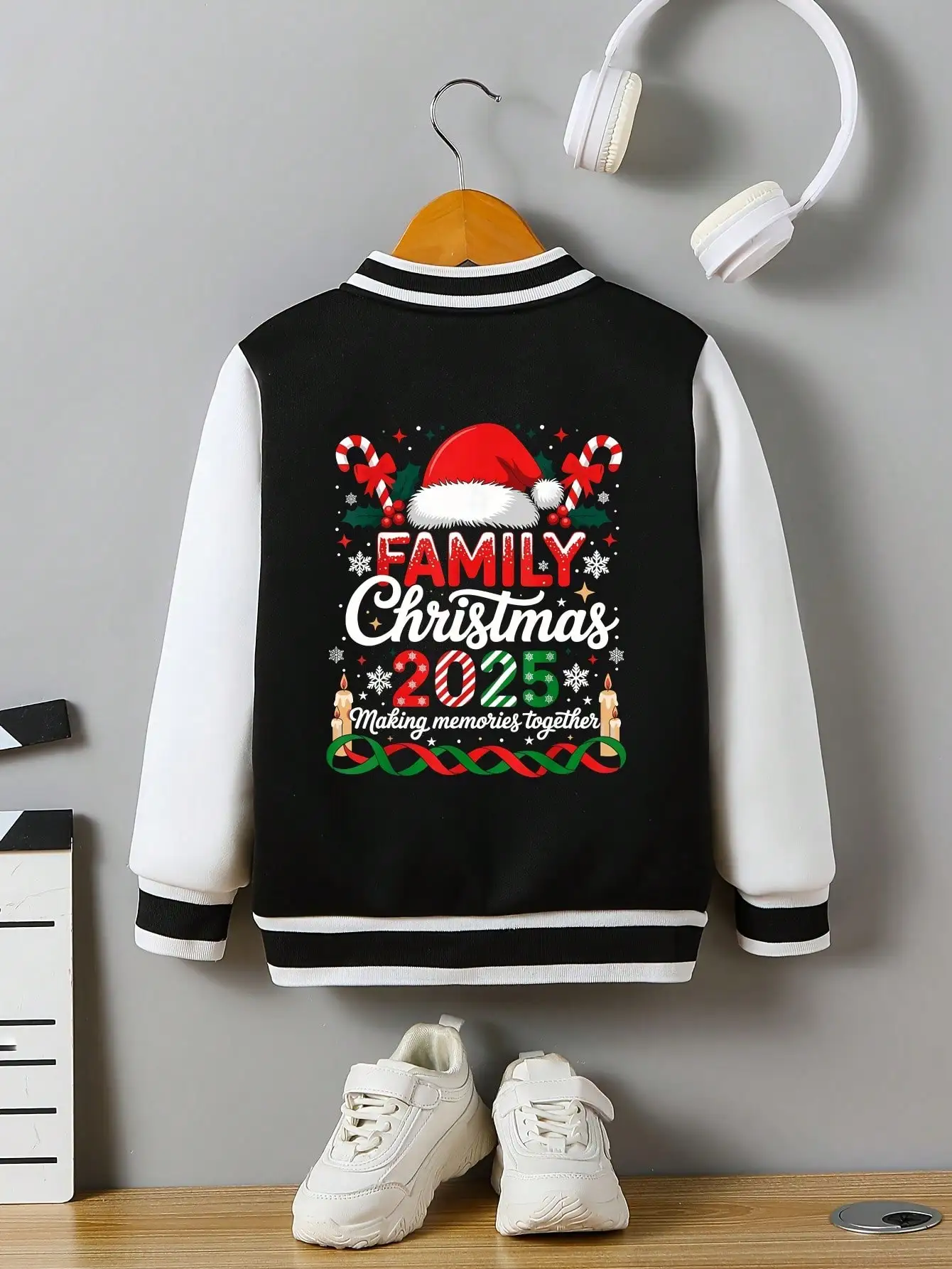 Camiseta de béisbol infantil, top de fiesta de Navidad 2025, estampado elegante y fresco, estampado en la espalda, con bolsillos, fiesta navideña.