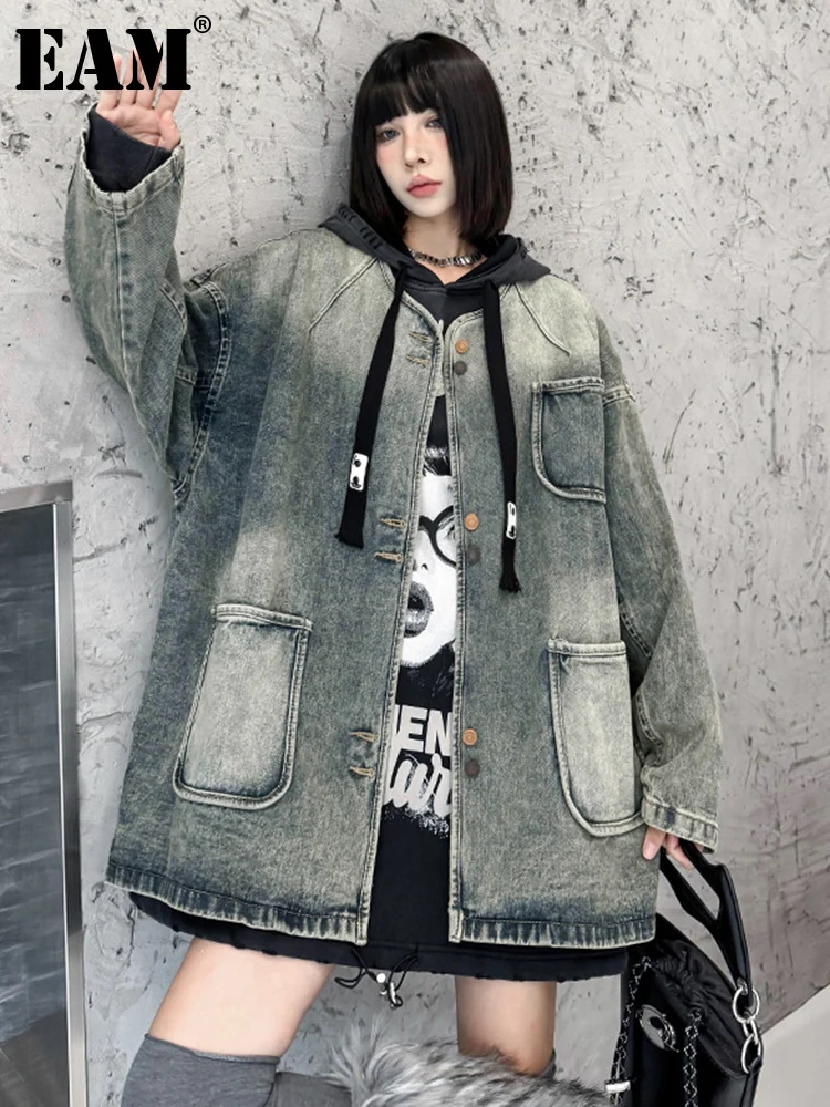 

[EAM] Blue Vintage Pocket Big Size Casual Jacket New O-neck Long Sleeve Women Coat Fashion Tide Spring Autumn 2024 1DH7534