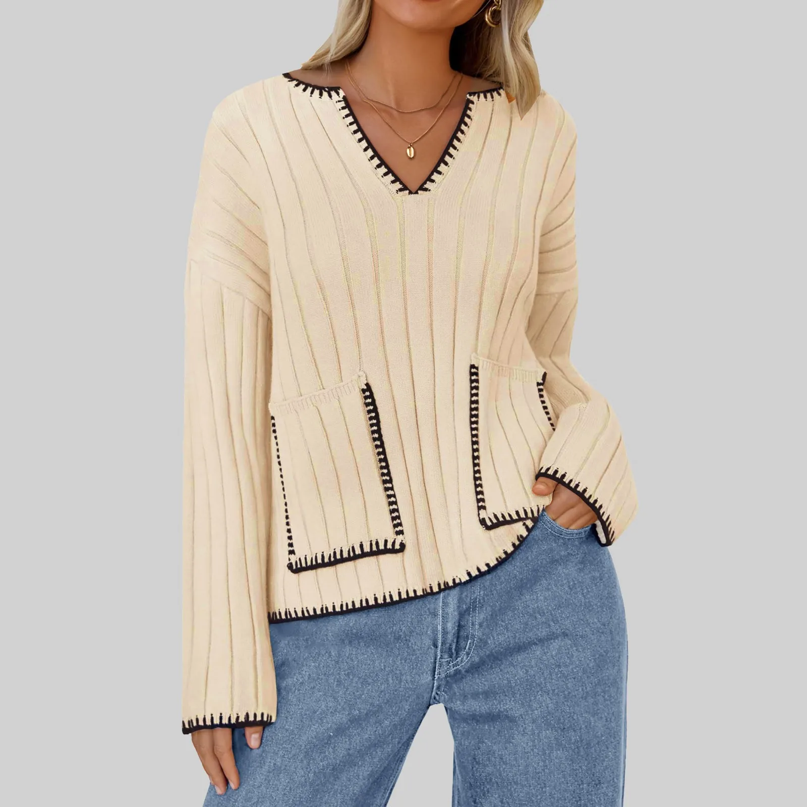 Women's Casual Business Sweaters Solid Color Long Sleeve Bright Line Decoration V Neck Knit Pullover Fall Outfits With Pocket