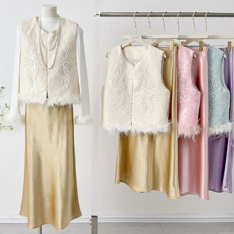 

Новый комплект футболок в китайском стиле, жилет с хлопковым наполнителем, ацетатная атласная юбка, женский модный зимний теплый ансамбль