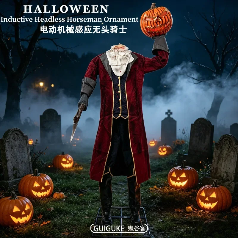Large Mechanical Headless Horseman Halloween Prop Outdoor Standing Ghost Decoration Horror Atmosphere Induction Sensor