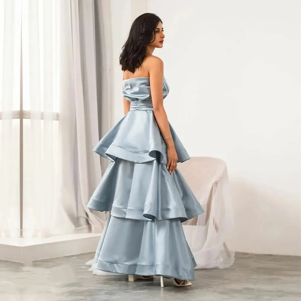 Flora Dress Blue Satin caviglia lunghezza a-line abiti da sera a strati Porm con abiti da cerimonia da festa con spalle scoperte Arabia