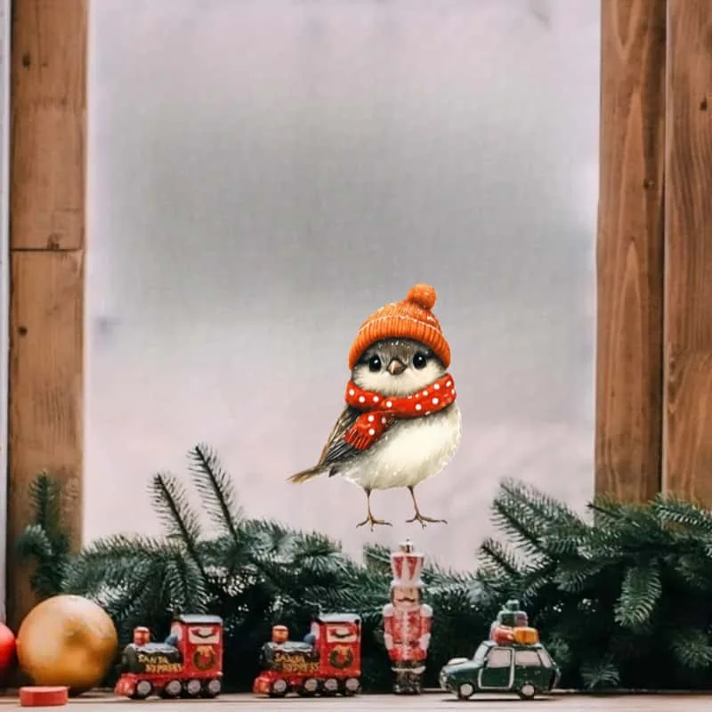 A Christmas Bird Window Sticker with a Red Hat And Scarf,Holiday Decoration,Plastic Art Decor Style,Winter Home & Kitchen Decor
