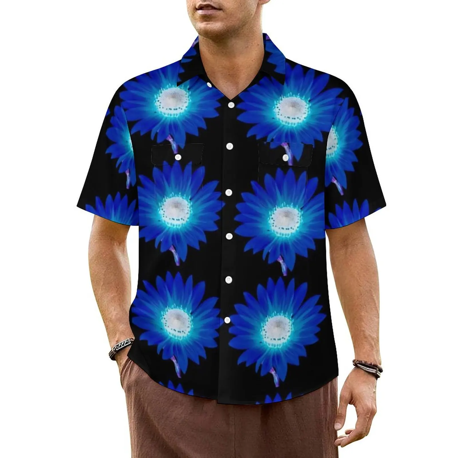 

Modern Sunflower Print Casual Shirt Blue Sunflowers Art Loose Summer Shirts Men Short-Sleeve Beach Y2K Street Oversize Blouses