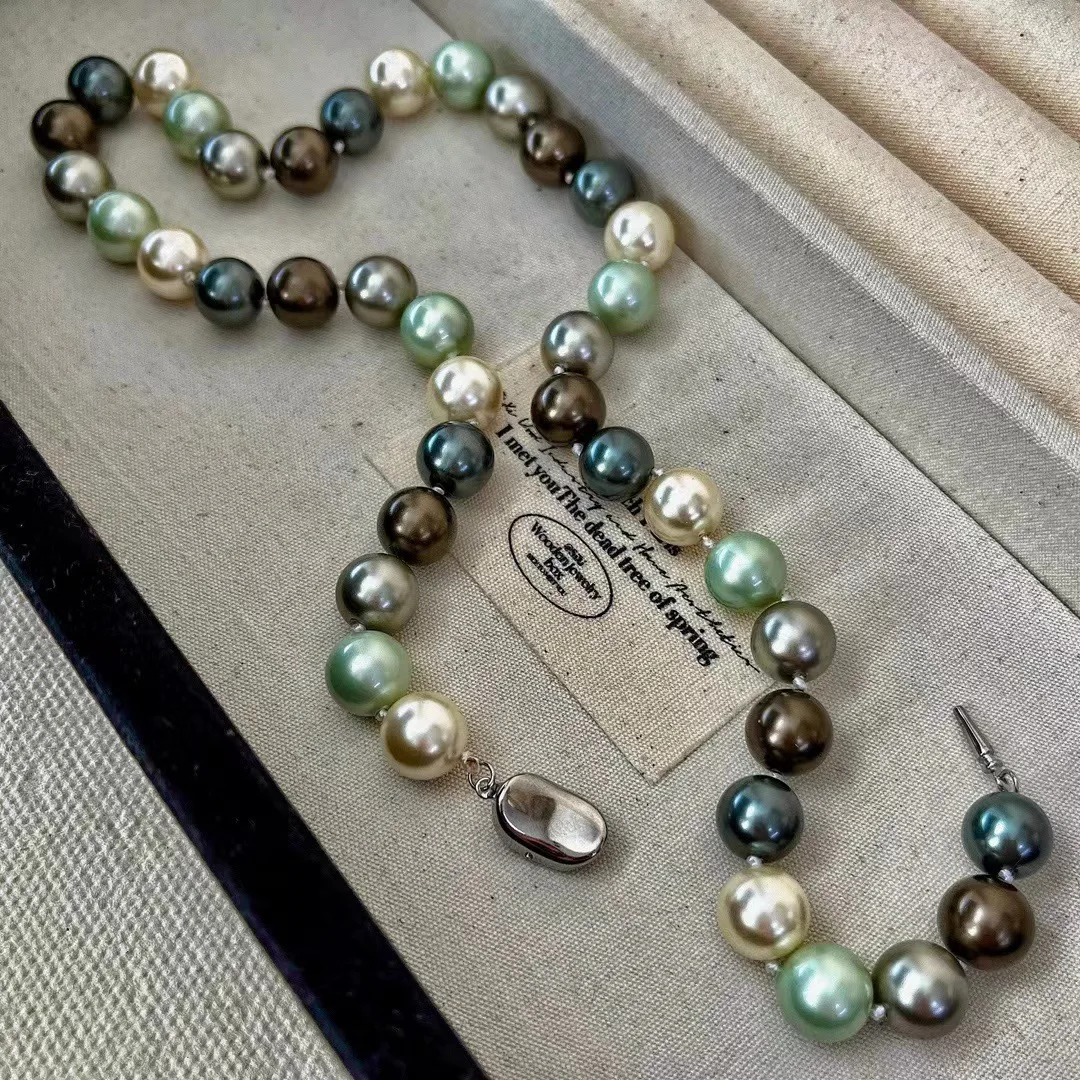 Kalung Mutiara Manik Warna Morandi Partikel Besar Vintage, Rantai Leher Premium Atmosfer, Rantai Tulang Selangka