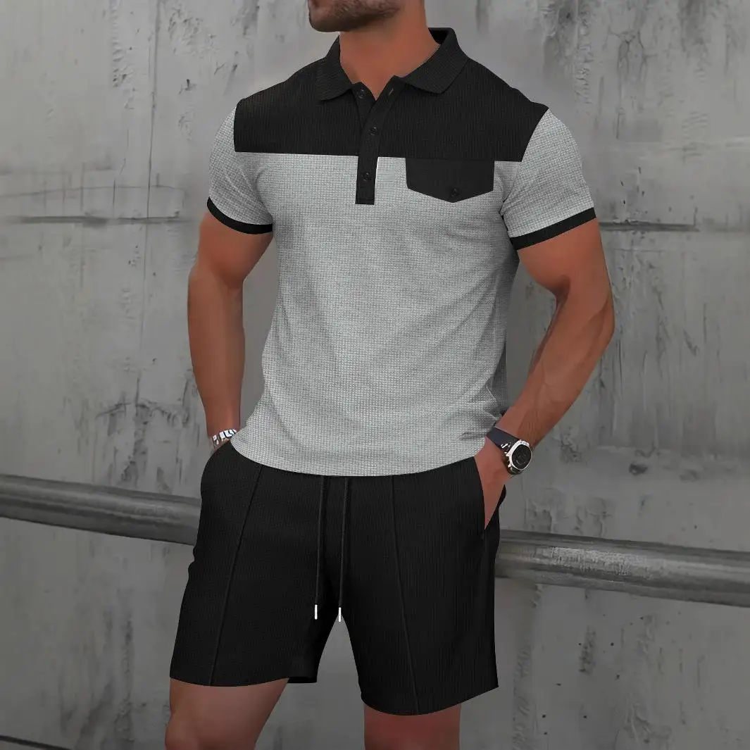

New Summer Men's Casual Button-Up Short Sleeve T-Shirt Shorts Set Pure Color Turn-down Collar Breathable Comfortable Lightweight