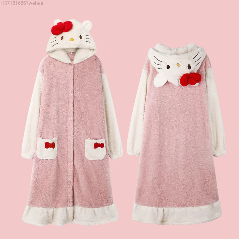 Sanrio Hello Kitty Cinnamoroll Melody Kawaii Winter Nightgowns Women\'s Coral Plush Thick Cute Long Pajamas Sets Nightdress Pants