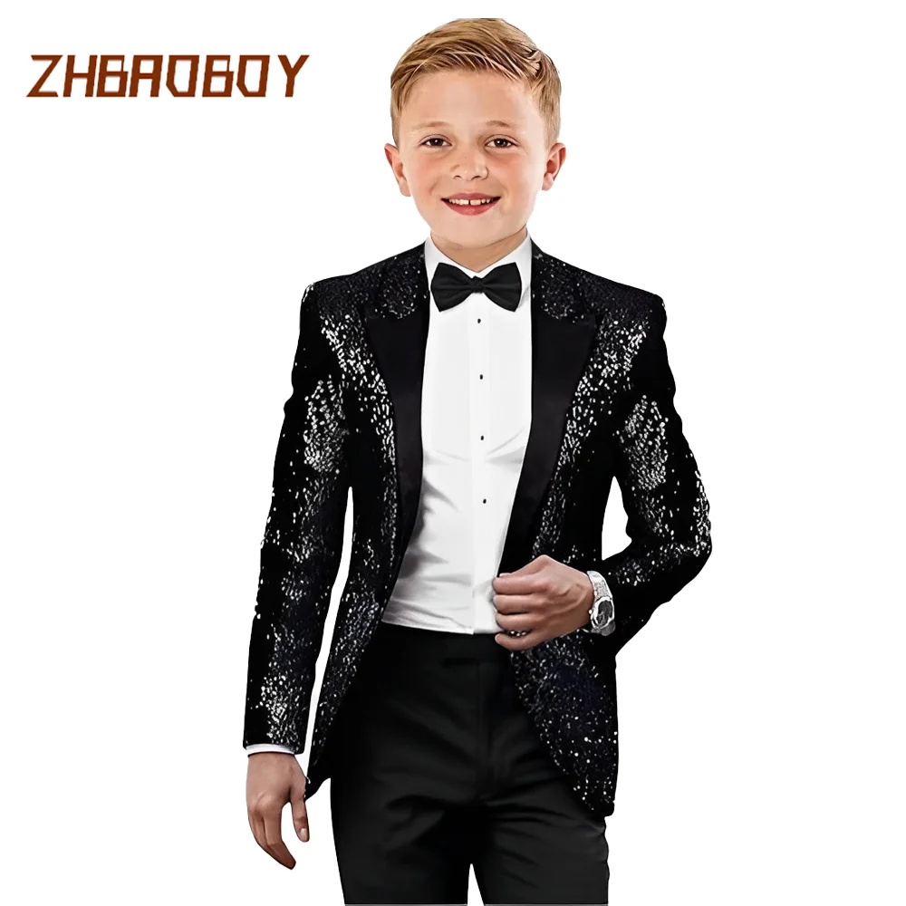 Kids Smoking Pakken voor Jongens Sequin Slim Fit Jurk Kleding Formele 2-delige Prom Party Glanzende Tuxedo Blazer Broek Bowtie