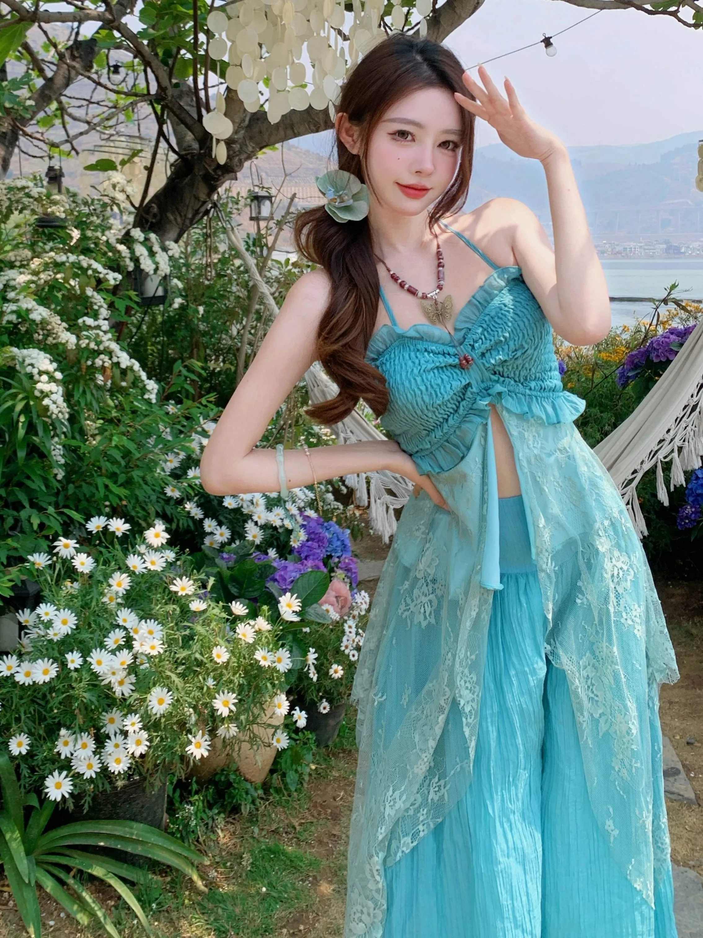 

Summer Beautiful Lace Splice Strap Women's Wide Leg Pants Set Casual Style Polyester Fiber Straight Cut Summer Collection