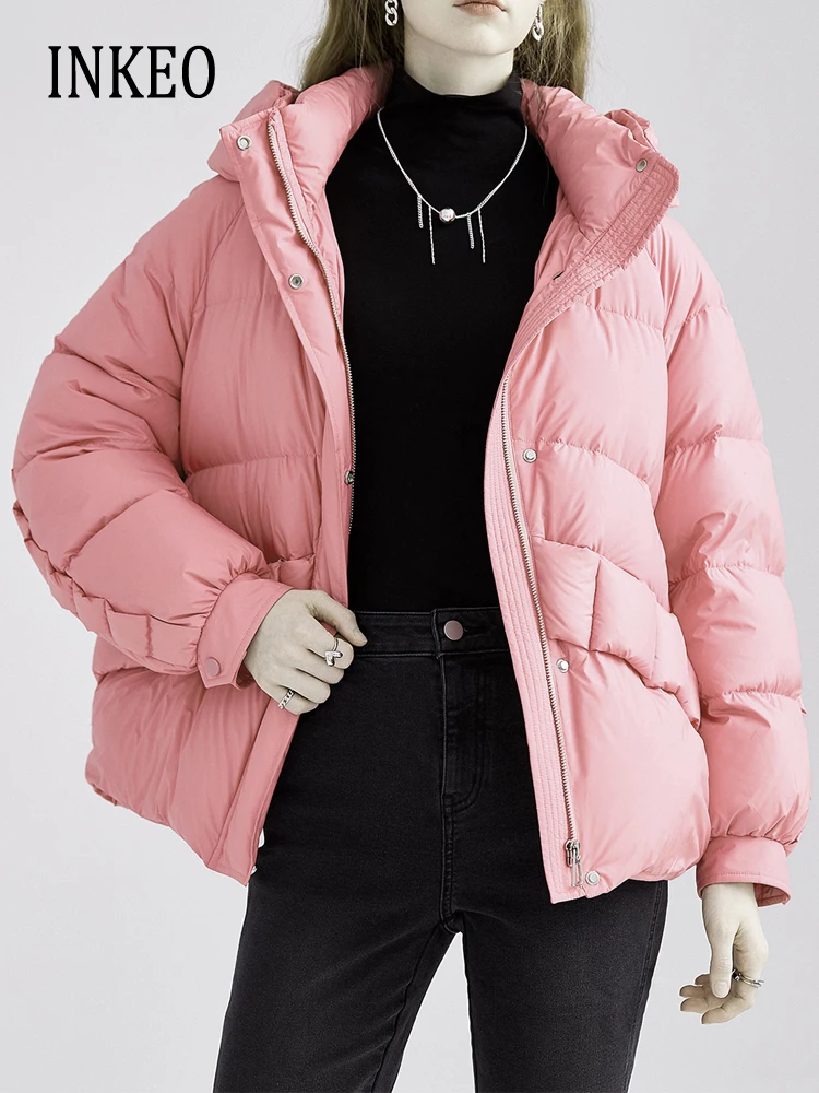 

Warm Pink Hooded duck down jacket for women 2023 Autumn winter Long sleeve puffer coat loose Korean style Overcoat INKEO 3O177