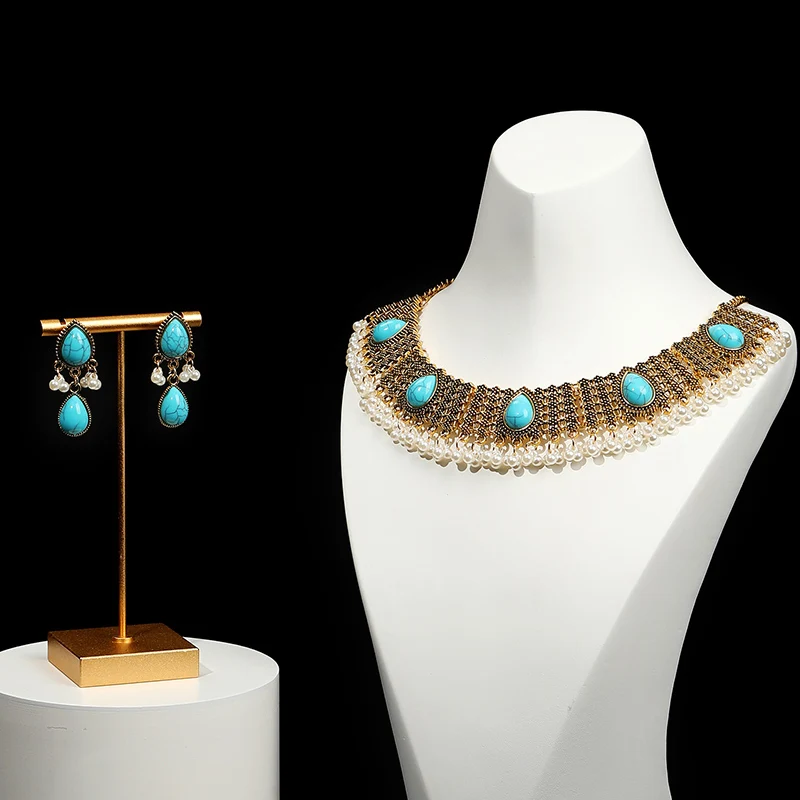 Vintage Turquoise  Jewelry Sets for Women Accessories Pearl Antique Gold Color Necklace and Earrings Set Party Holiday Gift