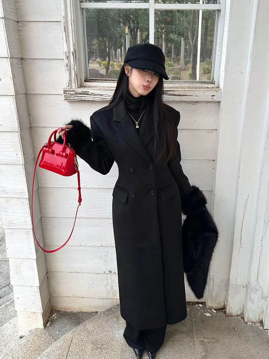 

Slimming Bla Woolen Coat Women's Faion Spring Autumn Winter Sli Notch Lapel Long Sve Thiened Straight Cut Coat