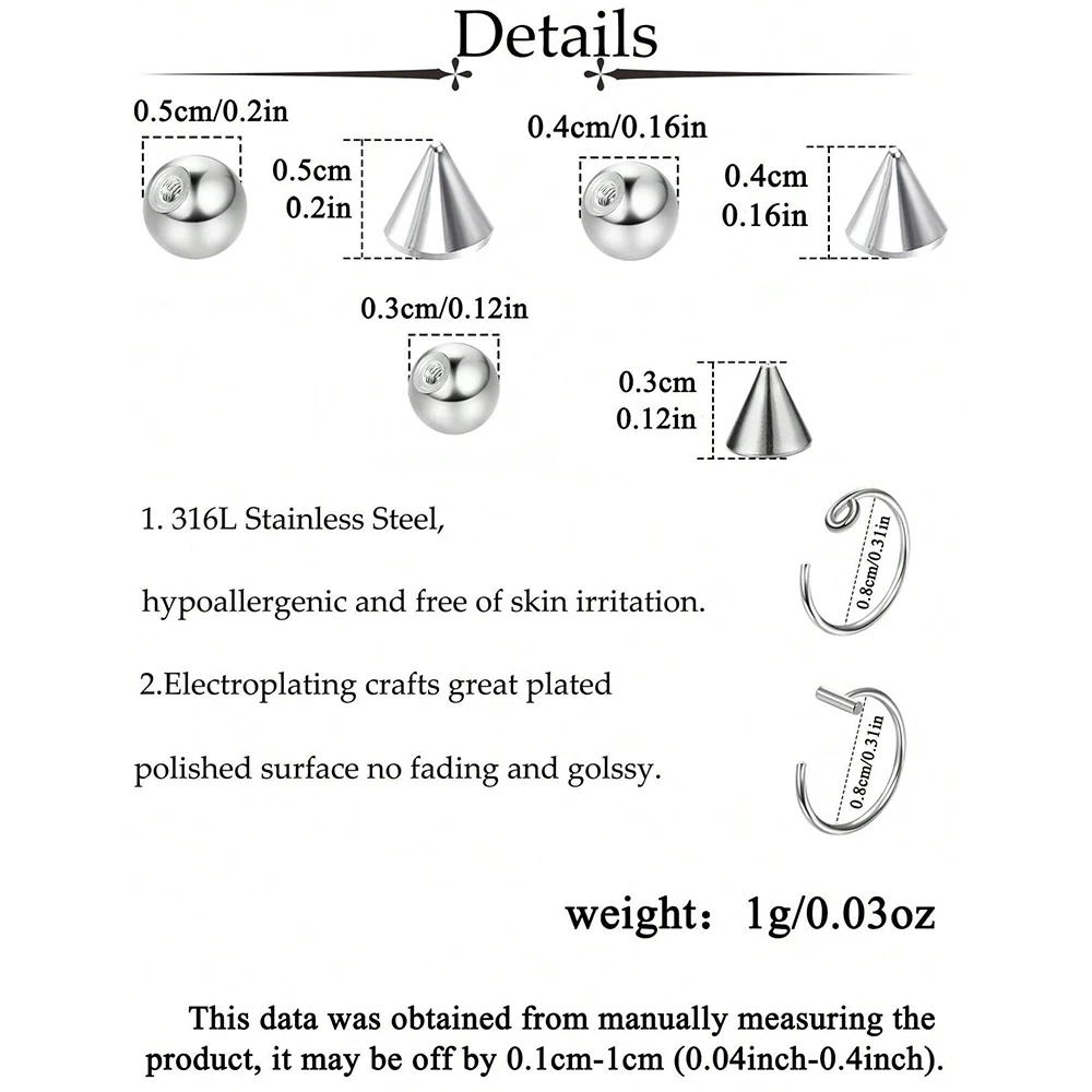 Sticke On Fake Lip Studs Fake Labret Rings Balls Spike With 100Pcs Sticker Stainless Steel Fake Eyebrow Ring Non-Piercing