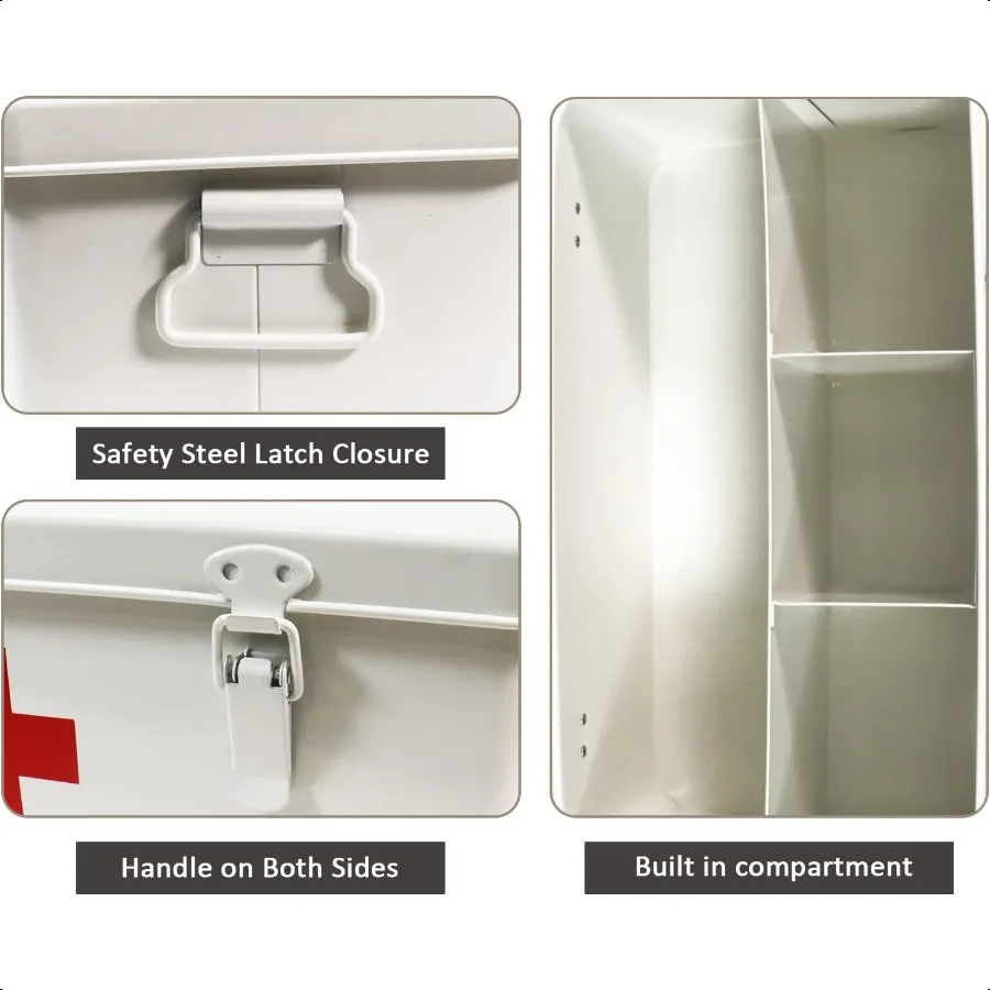 First Aid Medicine Box First Aid Kit plies Bin Metal Medicine Storage Tin First Aid Empty Box with Safety Lock for Home Emergen
