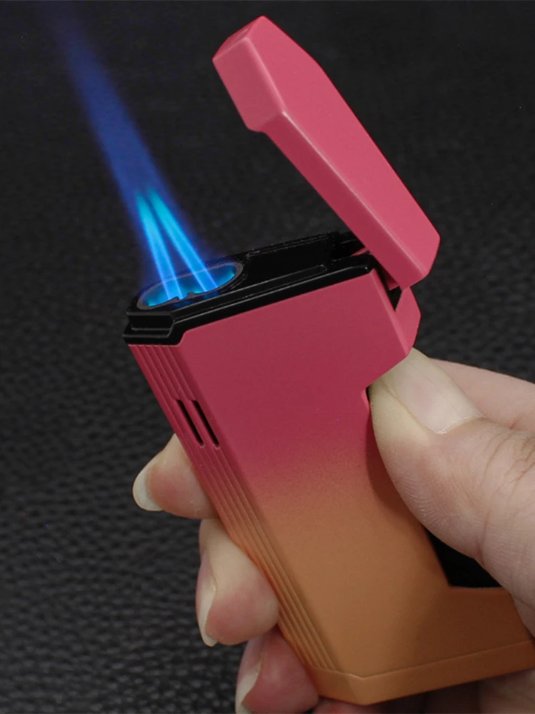 Creative Open Cover Ignition Inflatable Lighter Windproof Metal Double Spray Blue Flame Portable Lighter Cigar Gift for Men