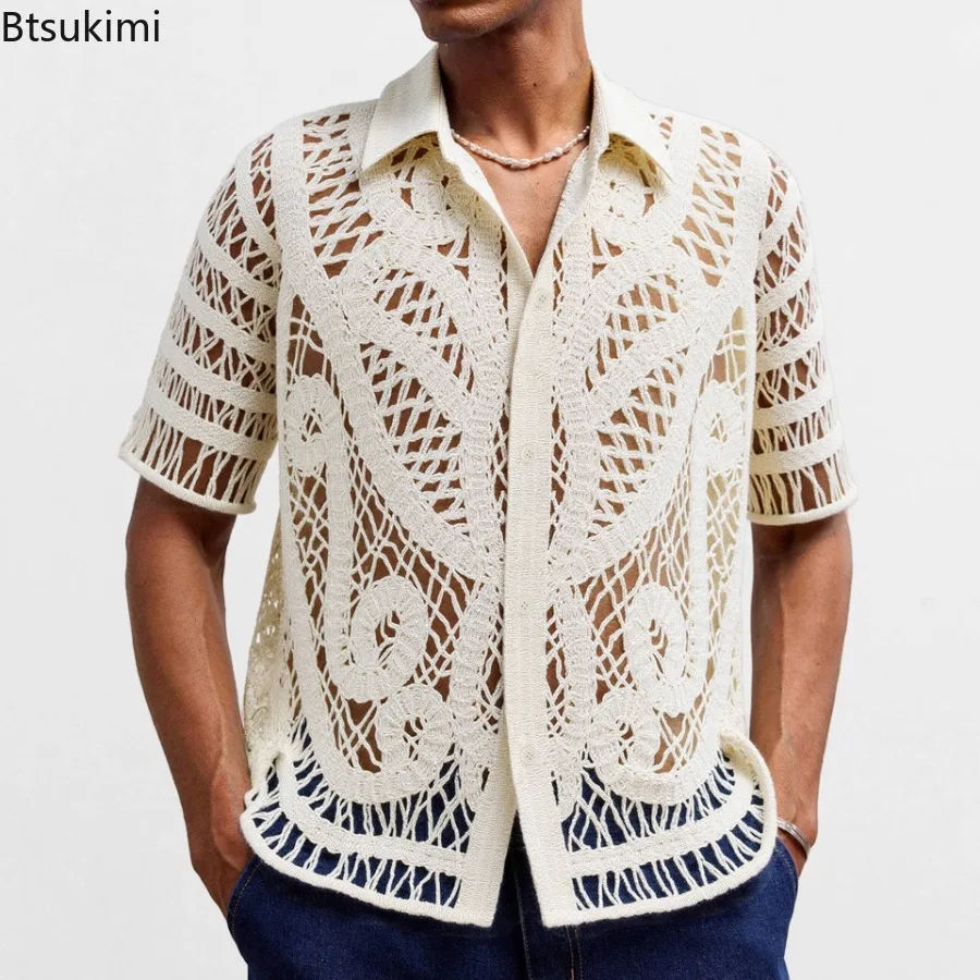 New Men's Ethnic Style Knit Polo Shirts Crochet Flower Patchwork Hollow Out T-shirts Men Retro Casual Loose Short Sleeve Shirts
