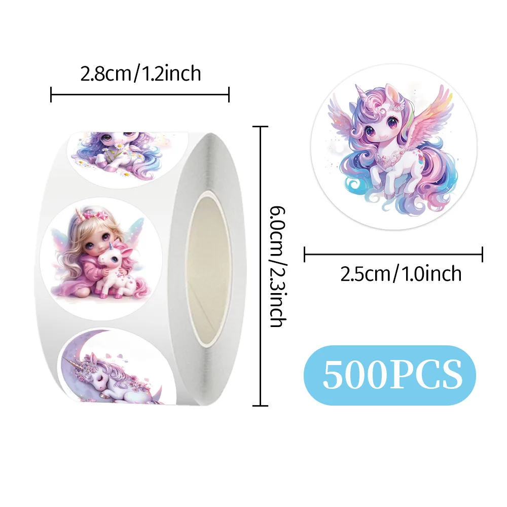 Rouleau d'autocollants de scellage licorne rose, 500 pièces/rouleau, dessin animé, coque de téléphone en PVC, tasse d'eau, autocollants pour ordinateur portable, décoration, récompense, cadeau, jouets, cadeaux, DIY bricolage