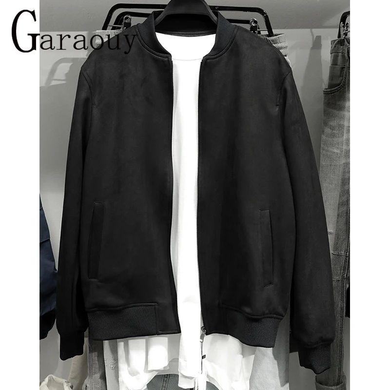 Garaouy 2023 Autumn Men Basic Simple Oversized Suede Bomber Jacket Male Stand Neck Long Sleeve Zip Coats Casual Work Outwear New