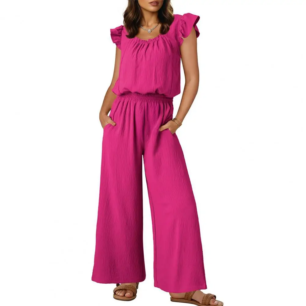 Повседневный комбинезон с широкими штанинами для женщин. Стильные женские летние комбинезоны. Комбинезоны с рюшами и короткими рукавами. Комбинезоны на шнурке для женщин.
