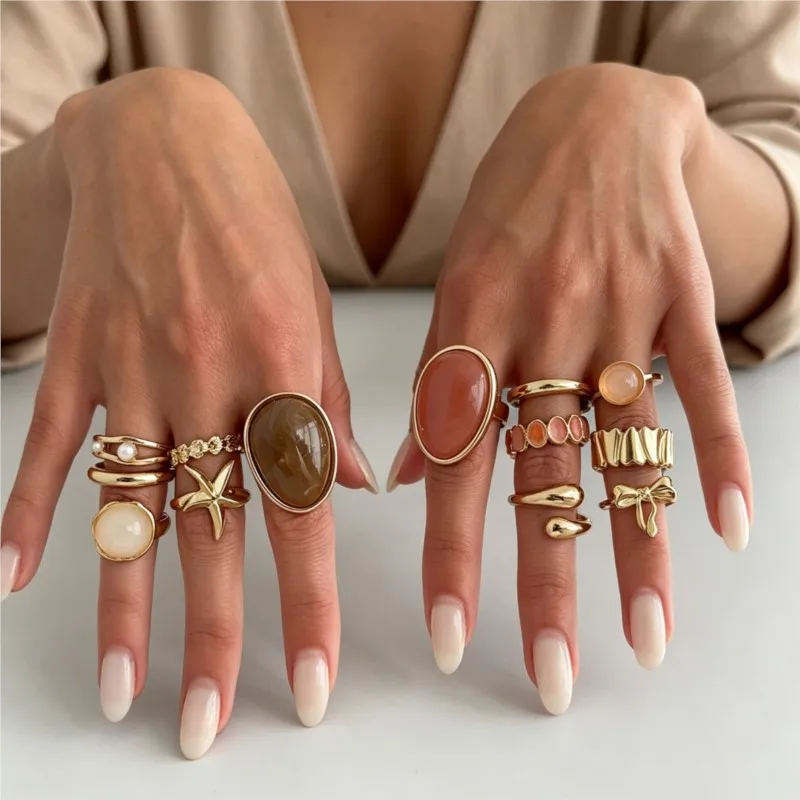 13pcs European American Vintage Smudged Resin Ring for Women ElegantStarfish Pleated Metal Multi-Piece Ring Party Jewelry Gifts