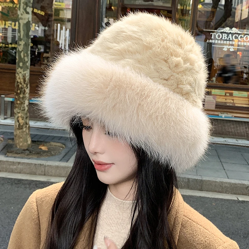 المرأة الفاخرة الشتاء قبعة ريال ريكس الأرنب الفراء الدافئة لينة منفذها القبعات سيدة الشتاء قبعة الفراء الحقيقي بيني #1