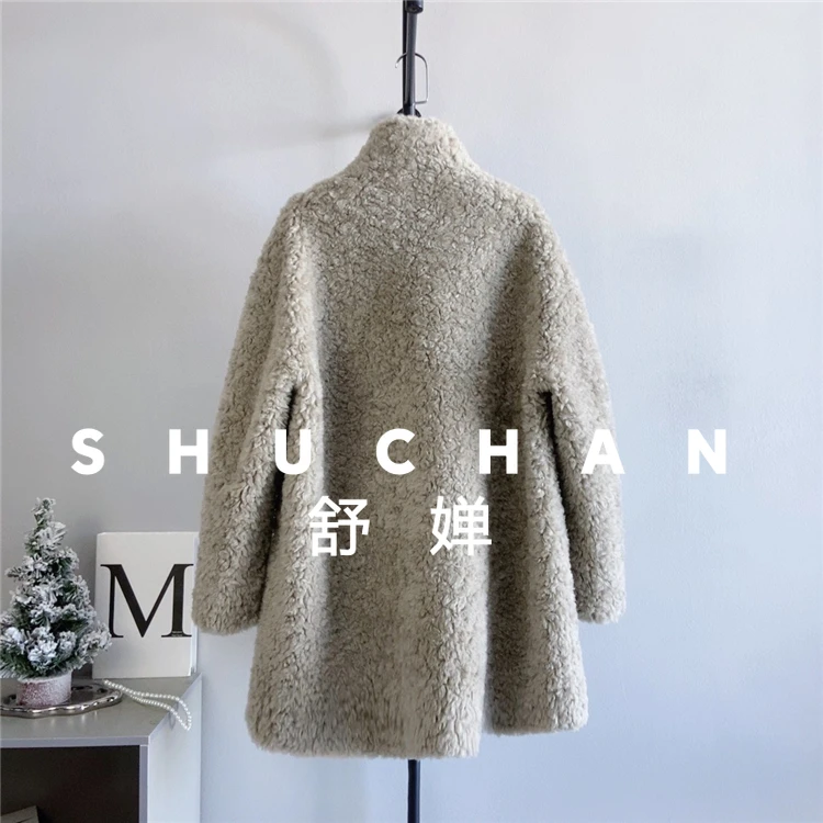 معطف صوف 100% للنساء جديد دافئ من صوف الضأن والفرو المتكامل بياقة واقفة وإبزيم معطف صوف متوسط وطويل للنساء #3