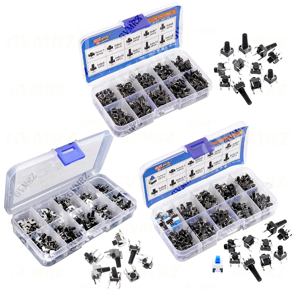 100/180/200 Stück 6x6mm Mikro-Taster-Set, 6x6 Mini-Taktiler Schalter, PCB-Taster, Momentaner 4-Pin-Druckknopf 6x6mm 4P