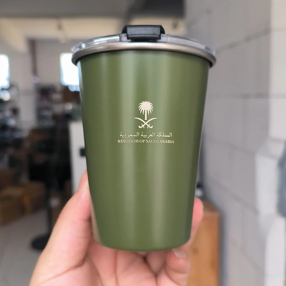 Kingdom of Saudi Arabia Logo with Cover Lid 304 Stainless Steel Tea Mug Outdoor Camping Coffee Mug Wholesale 345ml