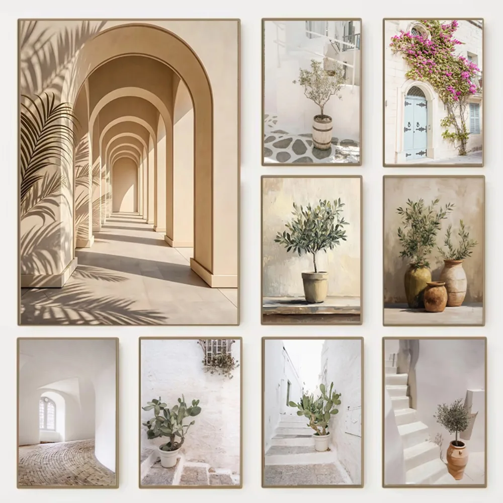 1pcs(No frame) (No frame)Neutral Beige Minimalist Boho Scandinavian Architecture Arch Olive Tree Poster Canvas Painting Print Wa
