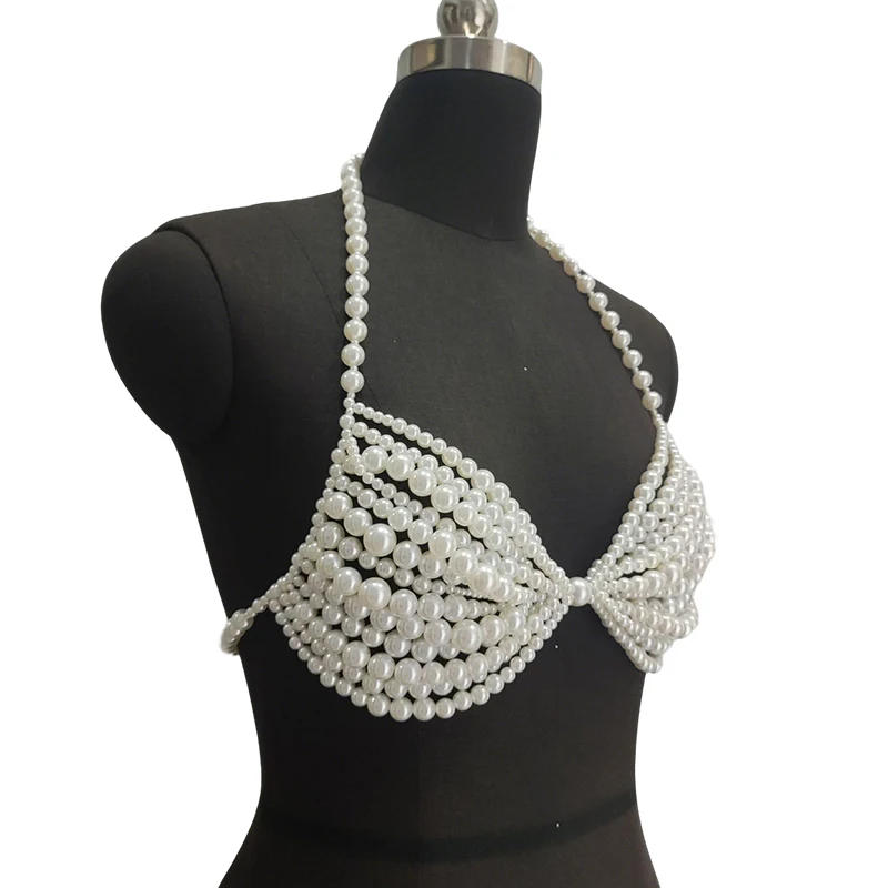 Handmade Festival Outfit Female Mermaid Body Chain Pearl Bikini Cover White Bridal Vest Bra Top Pearl Beaded Bralette