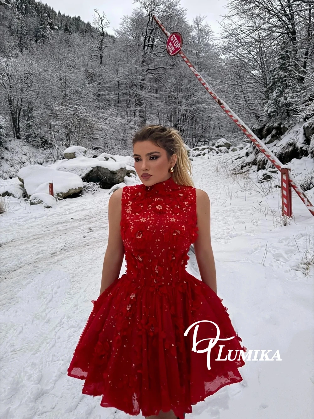 

Red Floral Short Evening Dress Customized Dazzling Sleeveless A Line Prom Gown Dainty Elegant Romantic High Neck Cocktail Wear