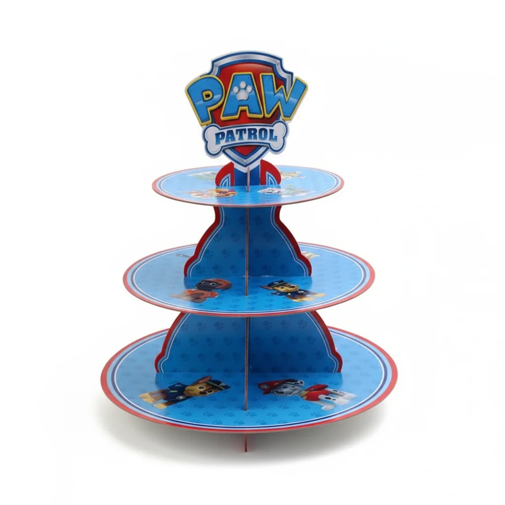 Paw Patrol Dreistufiger drehbarer Tortenständer zum Thema Geburtstagsparty-Dessert-Display für Kinder, Cartoon-Patrouillen-Hunde-Dekorationen