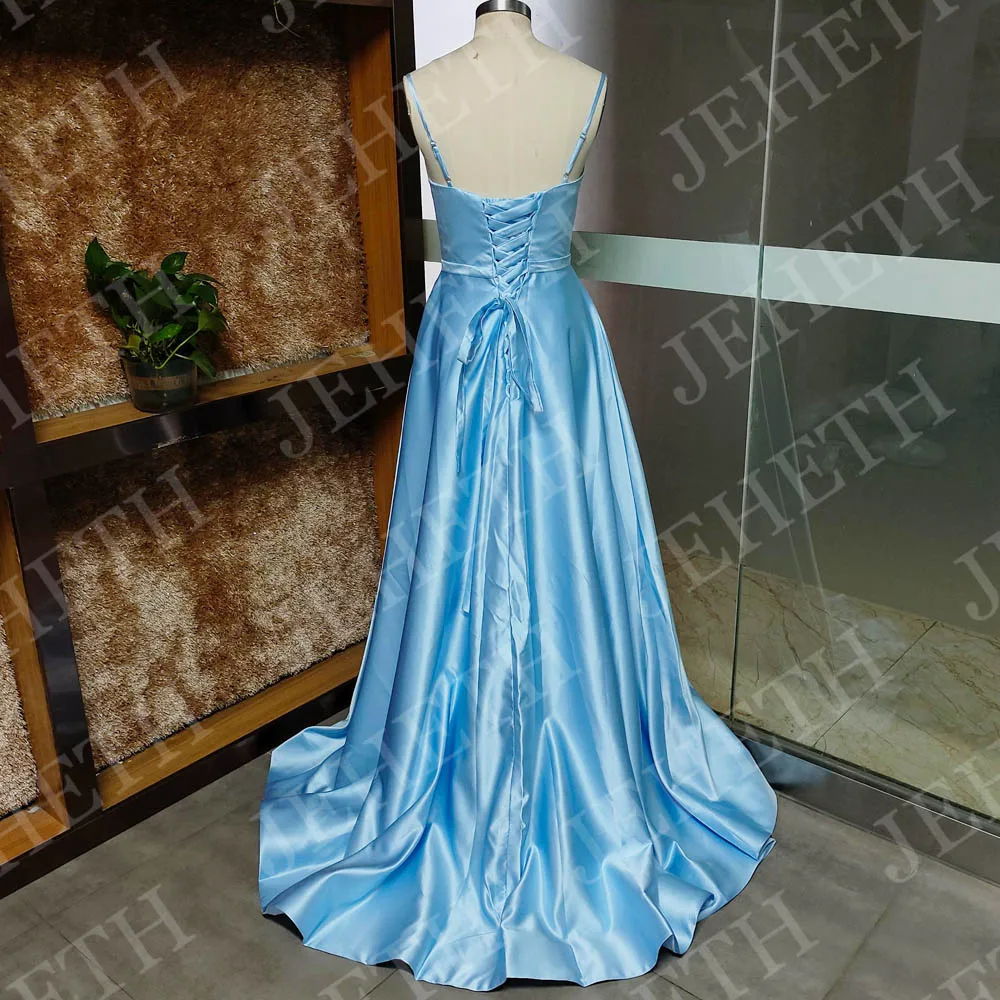 tiffany blue wedding dress Sky Blue Simple Satin Pearl Long Prom Dress with Pocket PG975 main image 1