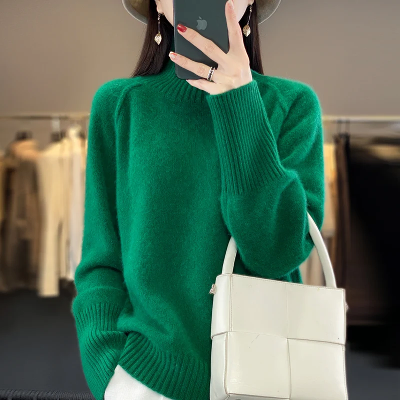 Autumn and winter new half-high-necked 100% wool ladies knitted bottoming shirt loose thickened warm solid color sweater coat