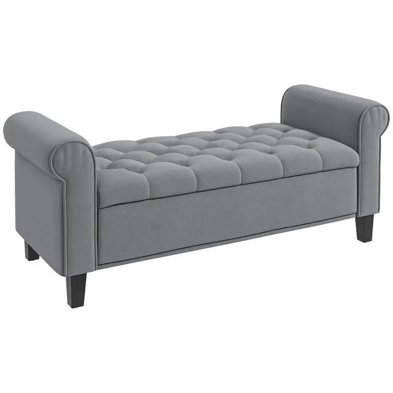 Panca Fondo Letto aus Samtstoff mit Stauraum und Armlehnen, 126x48,5x57 cm, Grau