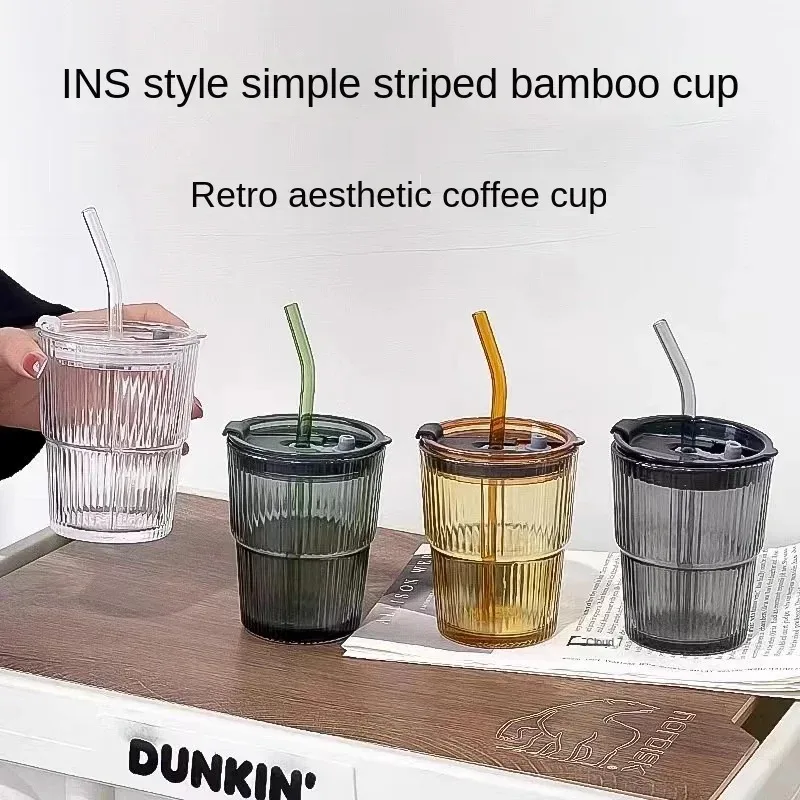 Net Red Wind Vertical Stripes Ins Coffee Glass Lid Straw Water Cup Good-looking Ice American Coffee Mug  Latte Milk Cup 450ml