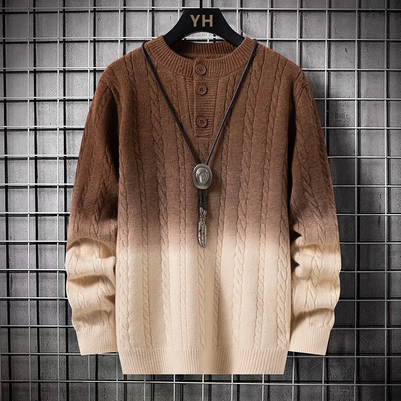 Men Student Base Shirt Men Knitted Sweater Youth Button Casual Pullover Male Gradient Color Sweater Winter Fashion Kntwear Top