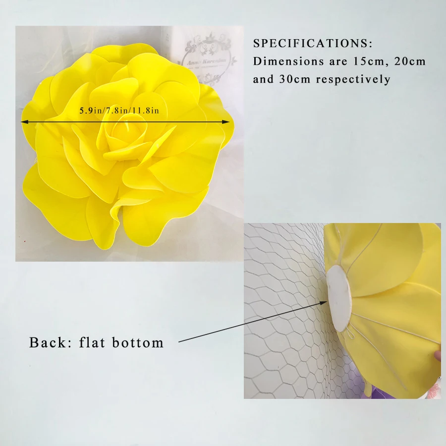 3pcs PE Large Artificial Rose Foam Artificial Flowers Flat Bottom Flower Wall Decoration Wedding Event Scene Layout Decoration