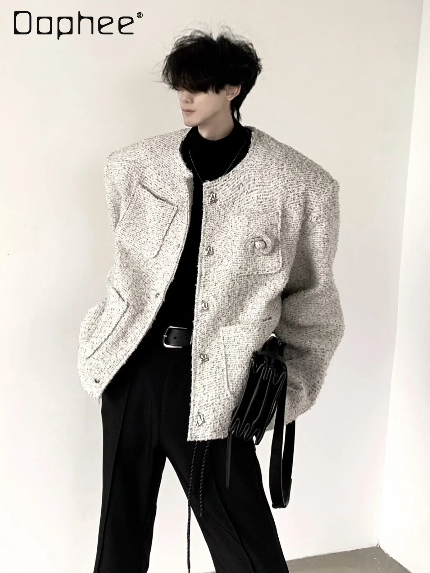 

2025 Spring and Autumn New Men's High-end Rose Brooch White Gray Padded Shoulder Round Neck Single-breasted Jacket