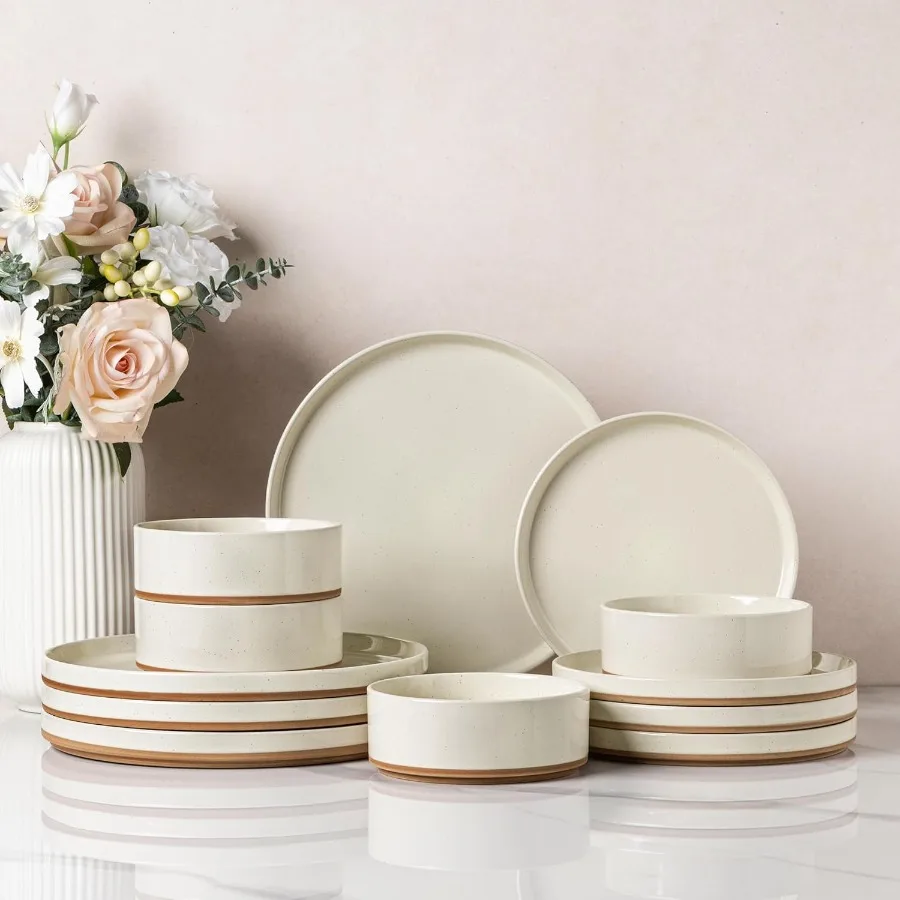 

Ceramic Dinnerware Set for 4 Speckled Stoneware Plates and Bowls with unglazed terracotta Scratch Resistant Dishwasher and Micr
