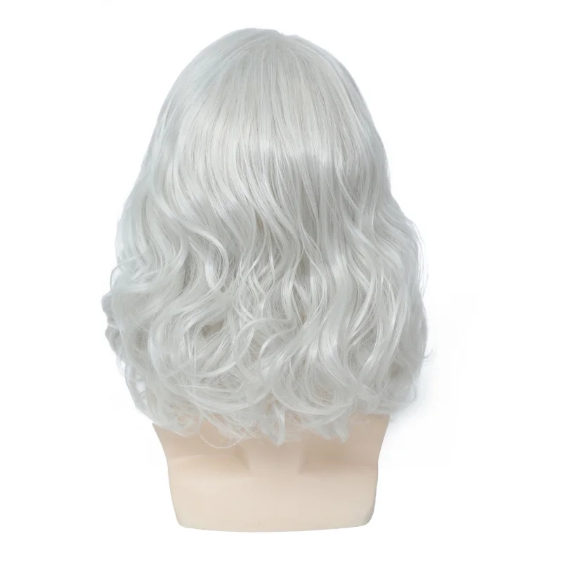 Men's , medium-length wavy synthetic hairpiece, middle-parted silver wig