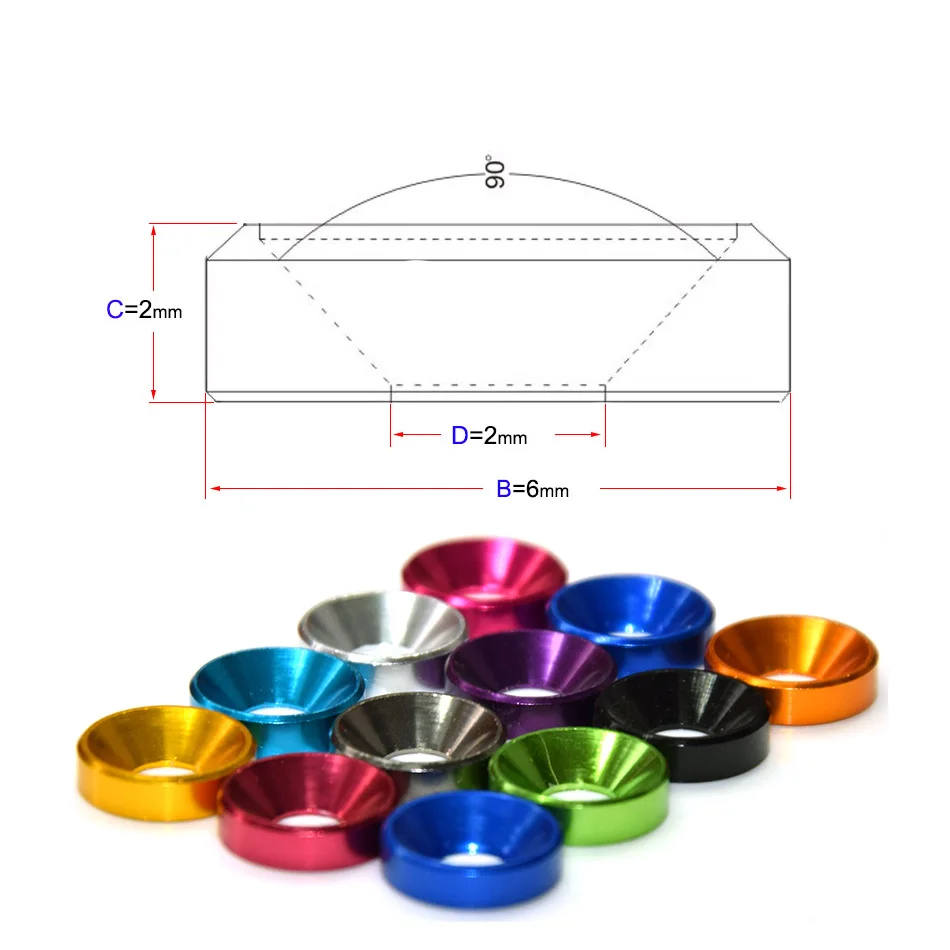 M2 Aluminium Alloy Conical Washers, Color Anodized Spacer Gaskets for DIN7991 Countersunk Screws, RC Model & Vehicle Modificatio