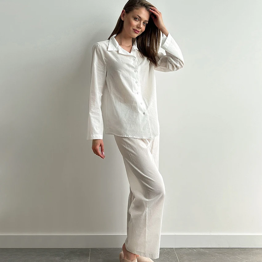 HiLoc White Casual Loose Woven Inelastic Pajamas 2-Piece Long Sleeve Lapel Single-Breasted Top Drawstring Full Length Pants 2026