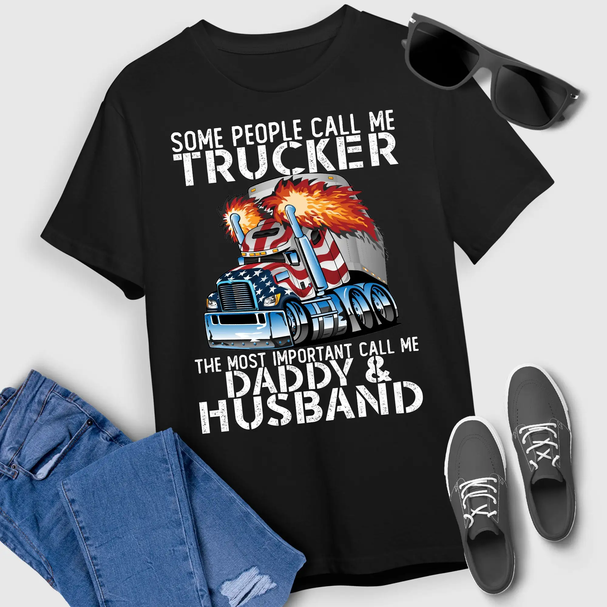 Trucker T Shirt Truck Driver Daddy Husband US Flag For